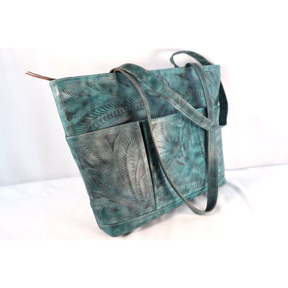 LEADERS IN LEATHER Turquoise Embossed Tote Bag with Floral Pattern - Picture 4 of 10
